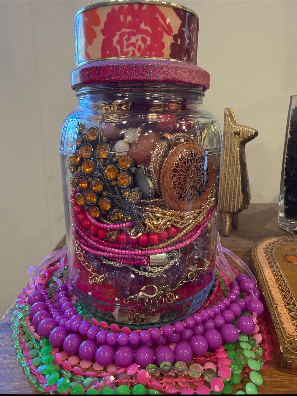 Magenta mania with amber mystery jewelry jar - signed pieces and brooches too